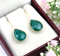 Brass 22k Gold Plated Dangle Earring with Green Onyx Gemstone