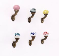 Multicolor Ceramic Metal Wall Hooks With Antique Finish-Pack of 6