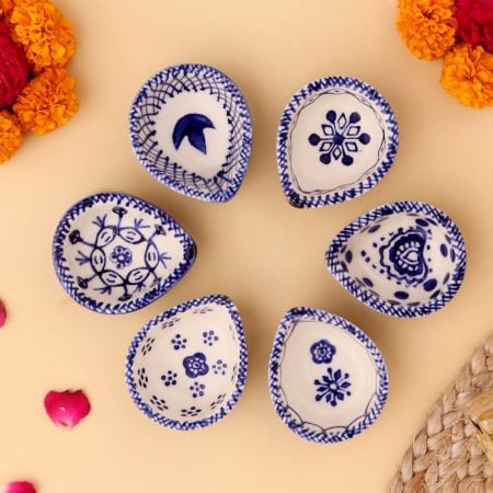 6 Pieces Designer Blue and White Ceramic Diwali Diya For Mandir Decoration
