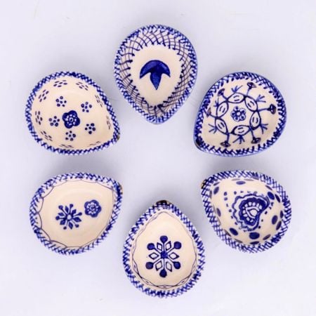 6 Pieces Designer Blue and White Ceramic Diwali Diya For Mandir Decoration