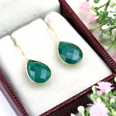 Brass 22k Gold Plated Dangle Earring with Green Onyx Gemstone
