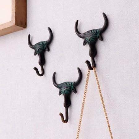 Bronze Tribal Bull Face Wall Hooks-Pack of 3