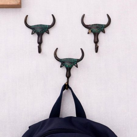Bronze Tribal Bull Face Wall Hooks-Pack of 3