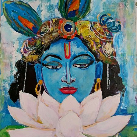 Canvas Painting of Lord Shri Krishna and The White Lotus by Artist Dr. Maya Subramoni 30 x 24 Inches