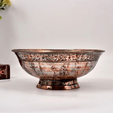 Carved Handmade Copper Bowl with Stand in Kashmiri Art