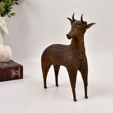 High-Quality Vintage Brass Deer Statue from Odisha in Tribal Art