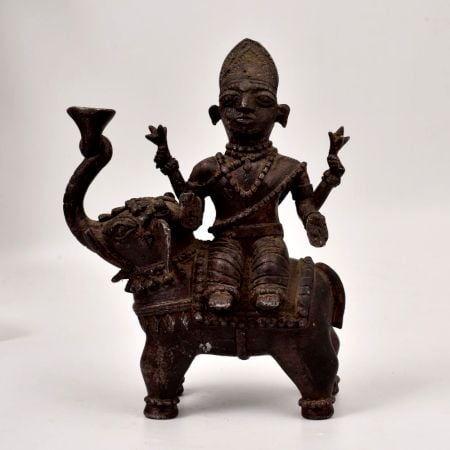 Vintage Brass Statue of God Indra Riding on Elephant for Decor