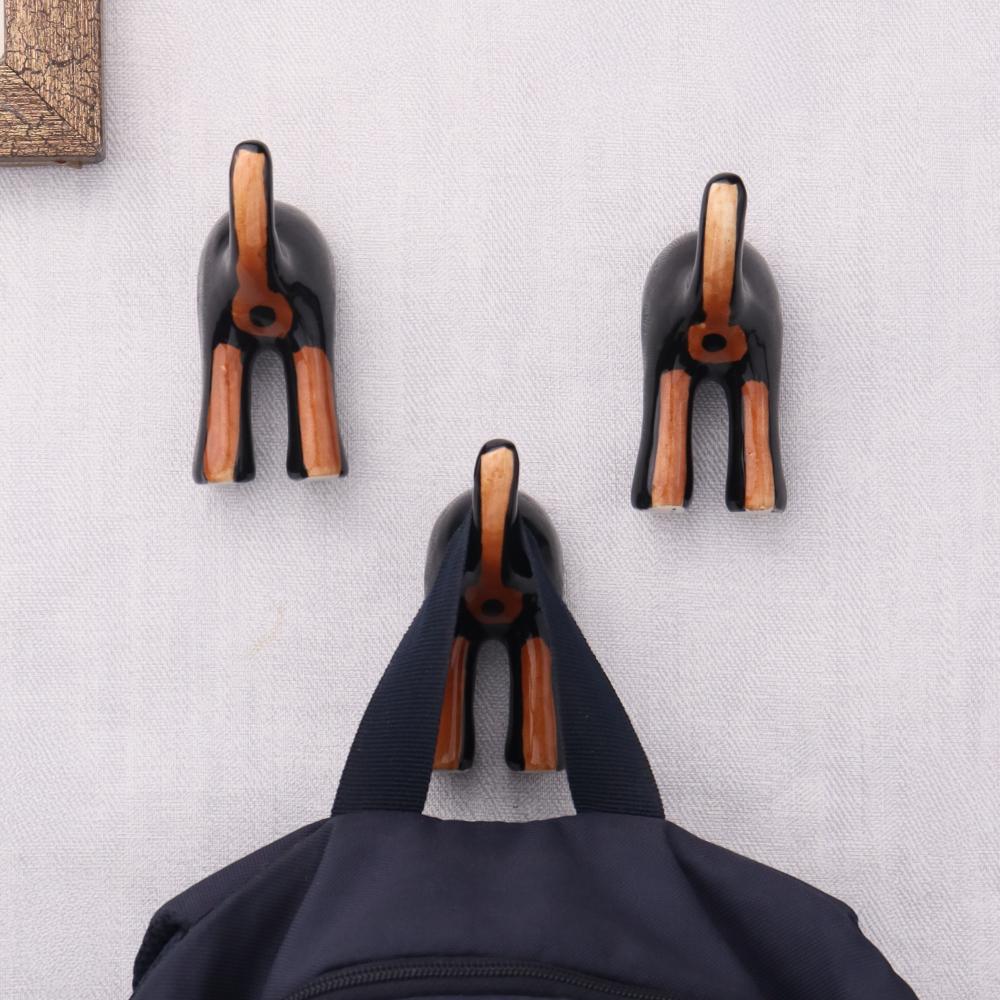 Black Brown Ceramic Dog Tail Shaped Wall Hooks-Pack of 3