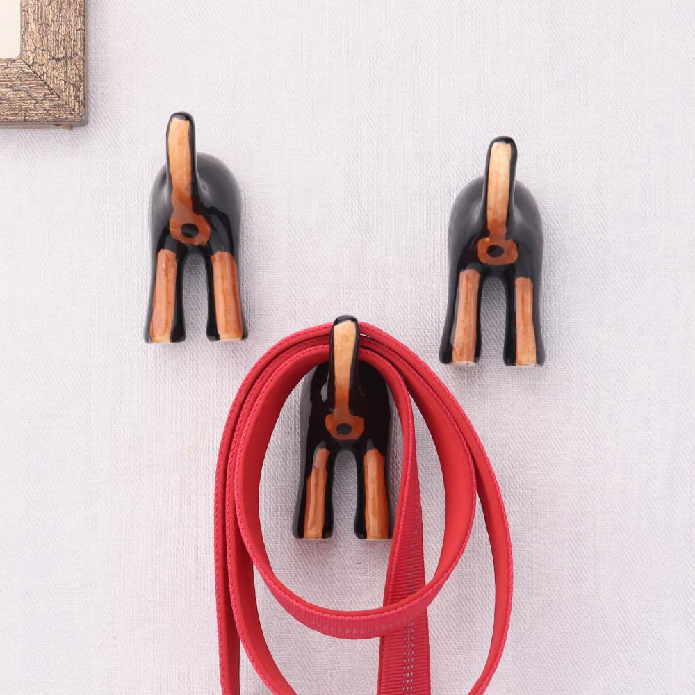 Black Brown Ceramic Dog Tail Shaped Wall Hooks-Pack of 3