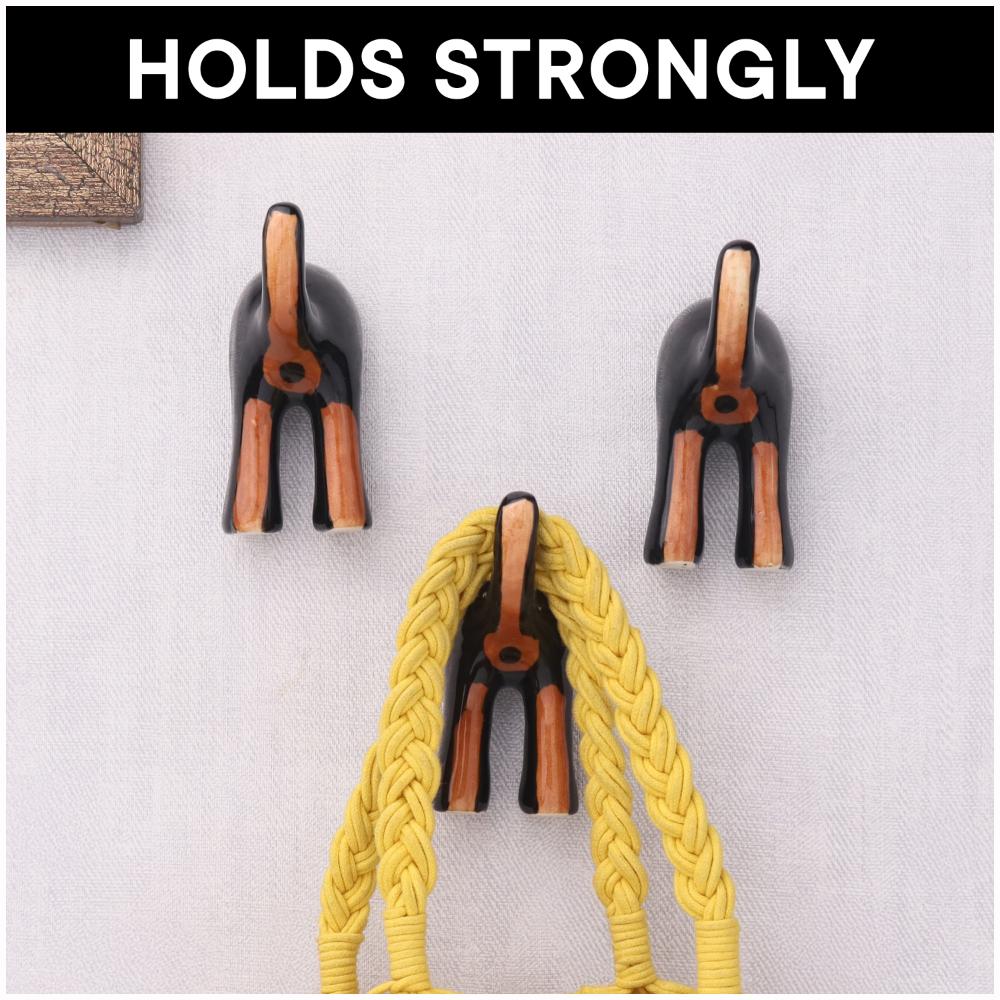 Black Brown Ceramic Dog Tail Shaped Wall Hooks-Pack of 3