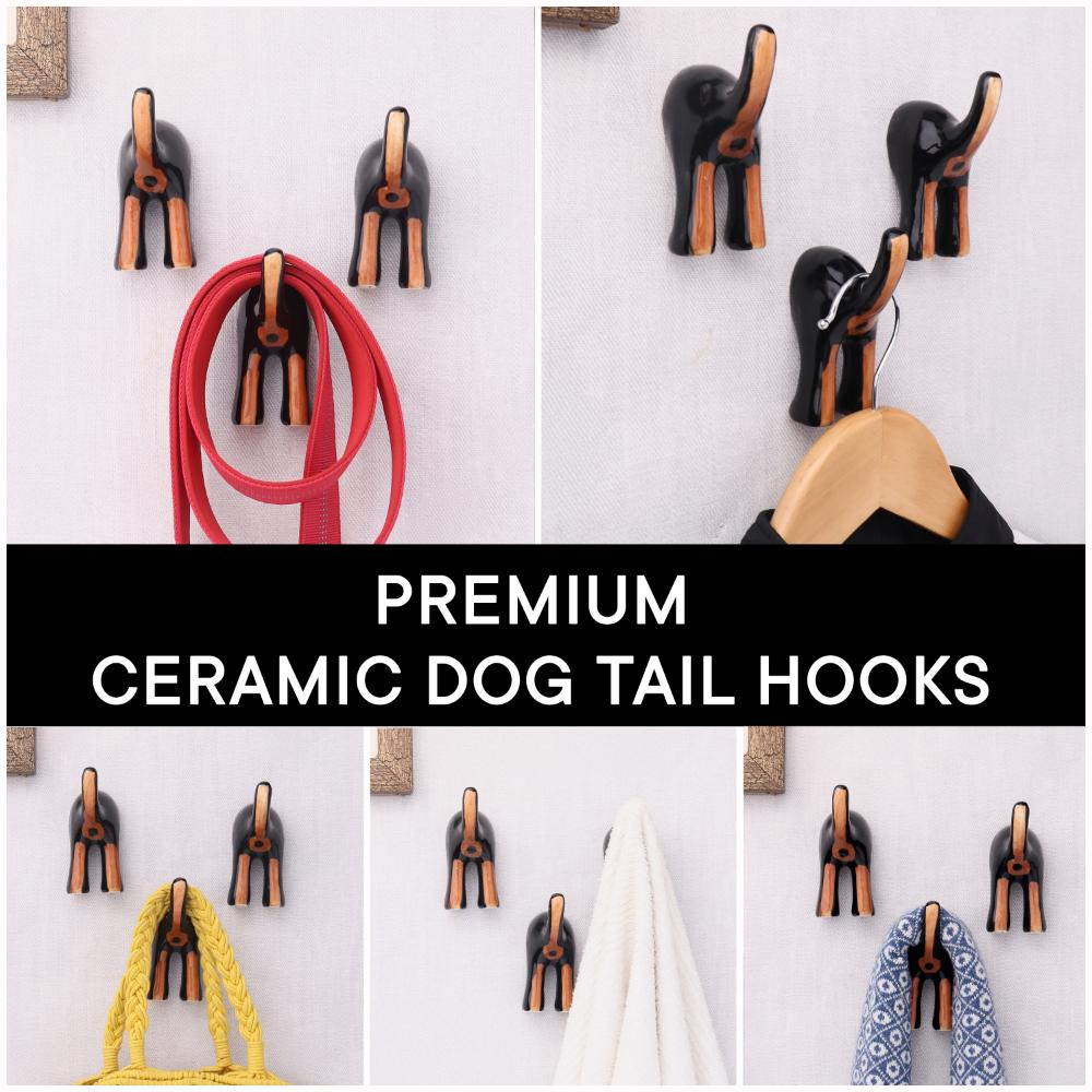 Black Brown Ceramic Dog Tail Shaped Wall Hooks-Pack of 3