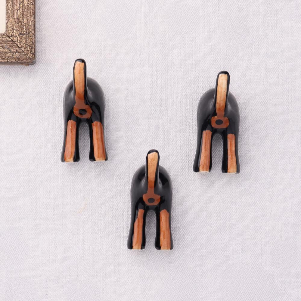 Black Brown Ceramic Dog Tail Shaped Wall Hooks-Pack of 3