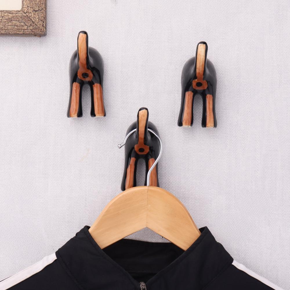 Black Brown Ceramic Dog Tail Shaped Wall Hooks-Pack of 3