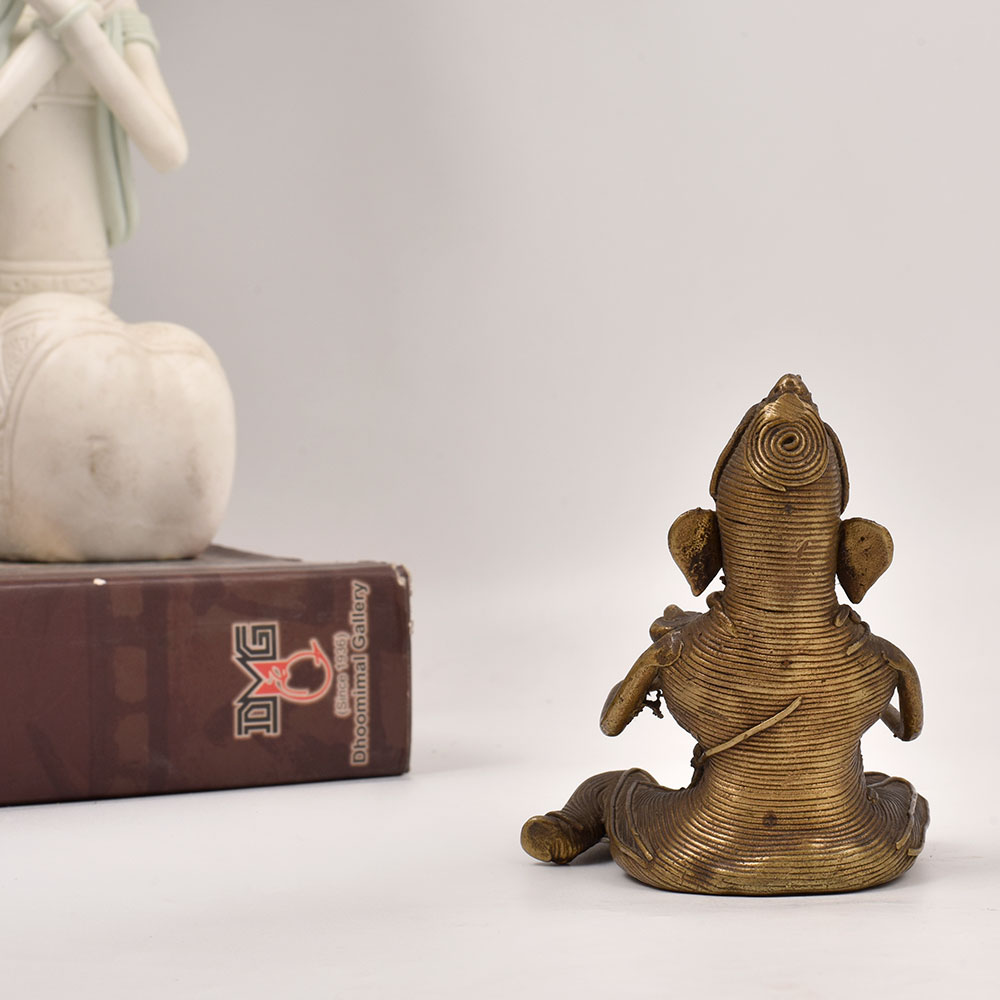 Tribal Vintage Brass Lord Ganesha Playing Sarangi Statue for Decor