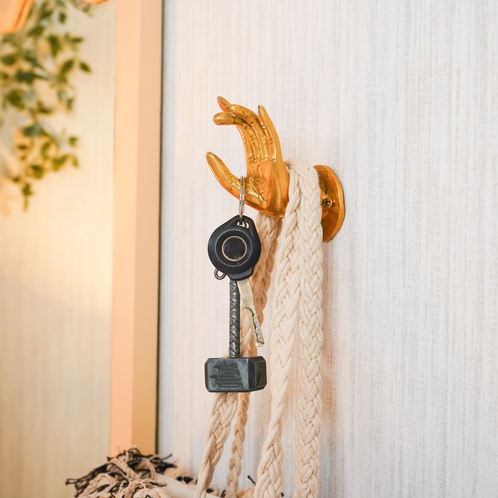 Brass Buddhas Hand With Engraved Lotus Flower Wall Hook