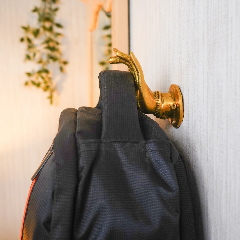 Brass Buddhas Hand With Engraved Lotus Flower Wall Hook
