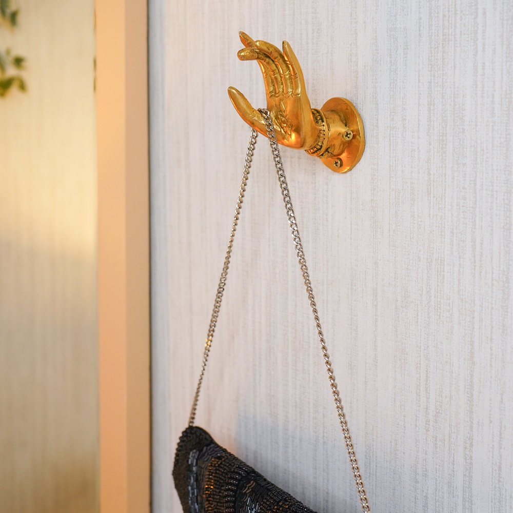 Brass Buddhas Hand With Engraved Lotus Flower Wall Hook
