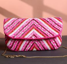 Pink Chevron Hand-Beaded Clutch Bag with Gold Chain Strap | Festive Party Sling