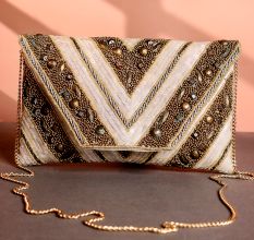 Golden Chevron Hand-Beaded Party Clutch with Embellished Details & Chain Strap | Evening Glam Sling Bag