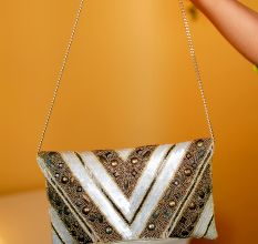 Golden Chevron Hand-Beaded Party Clutch with Embellished Details & Chain Strap | Evening Glam Sling Bag