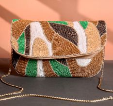 Earth Rhythm Abstract Beaded Clutch with Gold Chain Strap | Green, Brown & White Party Sling Bag