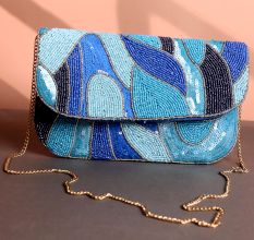 Ocean Wave Hand-Beaded Clutch Bag with Gold Chain Strap | Shades of Blue Party Sling