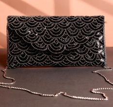 Midnight Sparkle Black Beaded Clutch with Black Sequin Wave Design & Chain Strap | Glam Evening Sling Bag