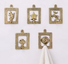 Golden Brass Framed Design Single Wall Hooks- Pack of 5