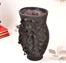 Tribal Art Brass Flower Pot with Engraving in Dark Finish
