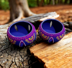 Handmade Washable Terracotta Jali Round Diya Tealight T-Light Candle Holder - Purple - Set of 4