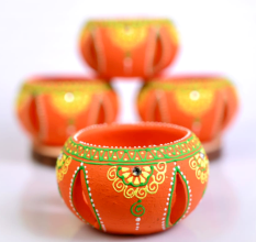 Terracotta Washable Jali Round Diya Tealight T-Light Candle Holder - Orange - Set of 4