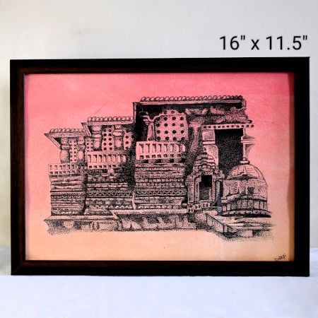 Halebeedu Temple Stippling Art on Watercolor Background by Artist Dimpana |16 x 11.5 Inches