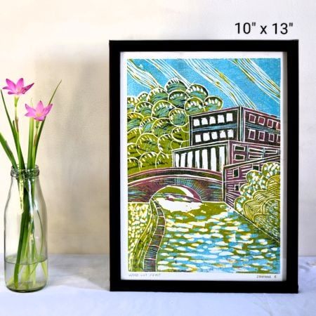 City Bridge Woodcut Print on Paper by Artist Dimpana | 10 x 13 Inches