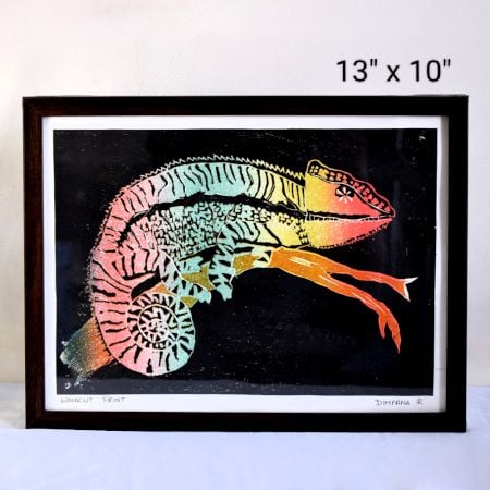 Chameleon Multicolor Woodcut Print on Paper by Artist Dimpana | 13 x 10 Inches
