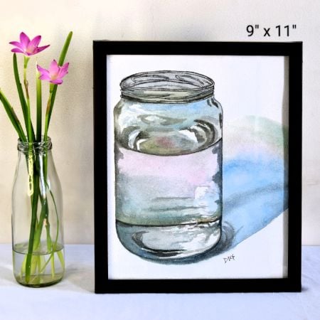Glass Jar with Water Watercolor Painting on Paper by Artist Dimpana | 9 x 11 Inches