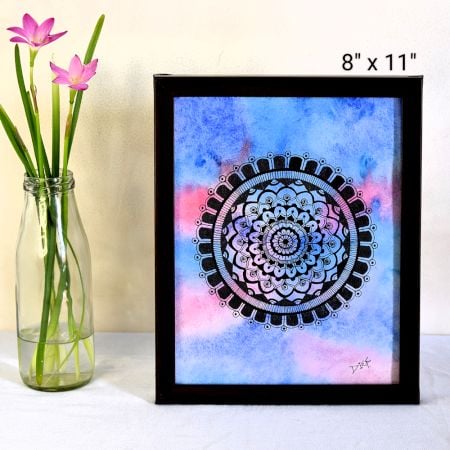 Mandala Bloom Pen Art with Watercolor Background by Artist Dimpana | 8 x 11 Inches