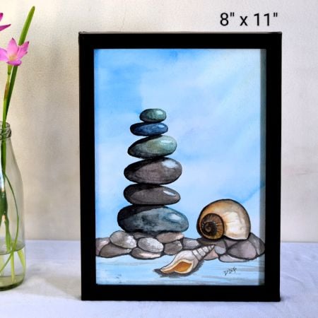 Balanced Pebbles Realistic Watercolor Painting on Paper by Artist Dimpana | 8 x 11 Inches