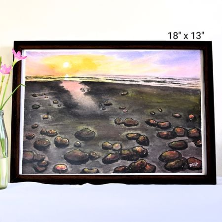 Sunset Sea Watercolor Painting on Paper by Artist Dimpana | 18 x 13 Inches