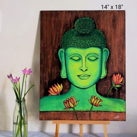 Buddha Green Acrylic on Canvas Board by Artist Dimpana | 14 x 18 Inches