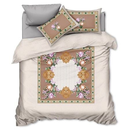 Elegant Beige Blossom Glace Cotton Floral Print Non Fitted Queen Size Bedsheet Set with 2 Pillow Covers | 90 x 100 Inches