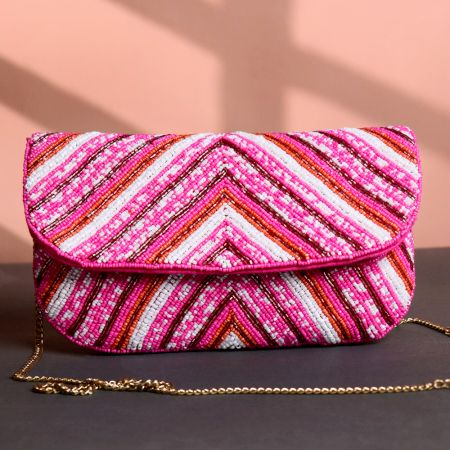 Pink Chevron Hand-Beaded Clutch Bag with Gold Chain Strap | Festive Party Sling