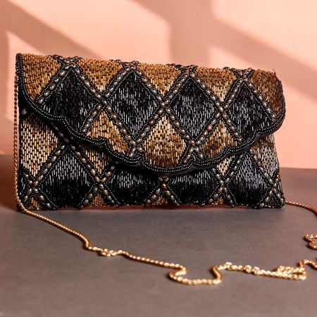 Midnight Glam Black & Gold Beaded Clutch with Scallop Detailing and Chain Strap | Elegant Party Sling Bag
