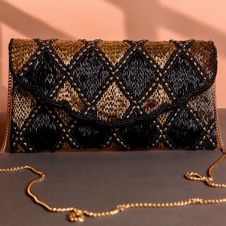 Midnight Glam Black & Gold Beaded Clutch with Scallop Detailing and Chain Strap | Elegant Party Sling Bag