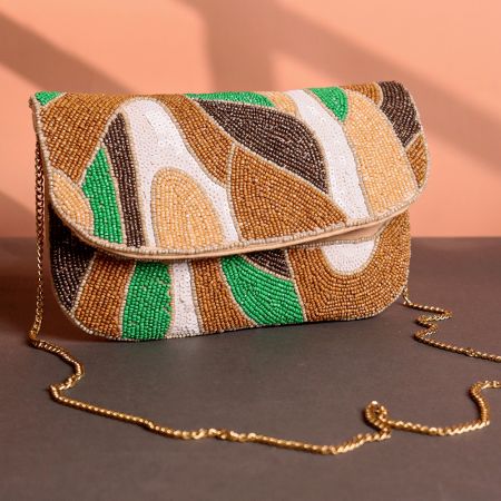 Earth Rhythm Abstract Beaded Clutch with Gold Chain Strap | Green, Brown & White Party Sling Bag
