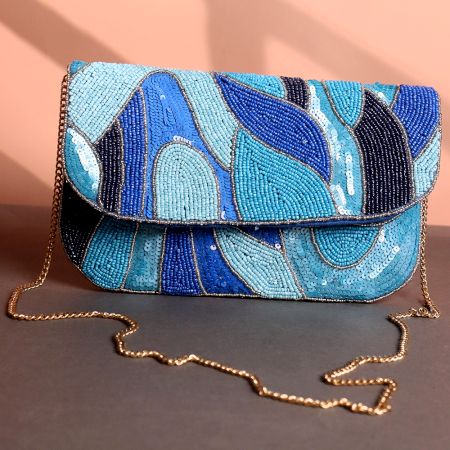 Ocean Wave Hand-Beaded Clutch Bag with Gold Chain Strap | Shades of Blue Party Sling