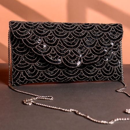 Midnight Sparkle Black Beaded Clutch with Black Sequin Wave Design & Chain Strap | Glam Evening Sling Bag