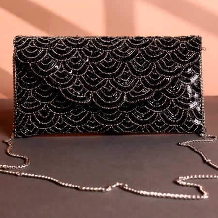 Midnight Sparkle Black Beaded Clutch with Black Sequin Wave Design & Chain Strap | Glam Evening Sling Bag