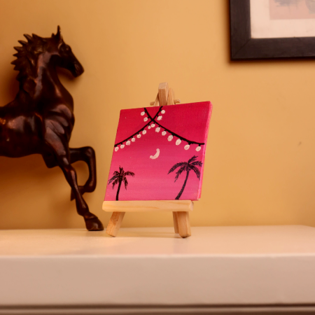 Mini Palm Tree Canvas with Pink Sunset Lights
