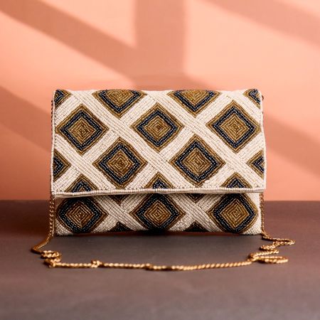 Luxury Geometric Beaded Clutch with Gold Chain Ivory, Gold & Black Diamond Pattern