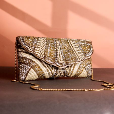 Crystal Vine Hand-Beaded Clutch Gold, Ivory & Silver Art Deco Leaf Design